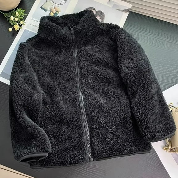 Lilgiuy Little Girls Fleece Jacket Casual Solid Color Stand Collar Long Sleeve Hoodless Full-Zip Winter Warm Coat for Vacation Holiday Trave(3-9Y)