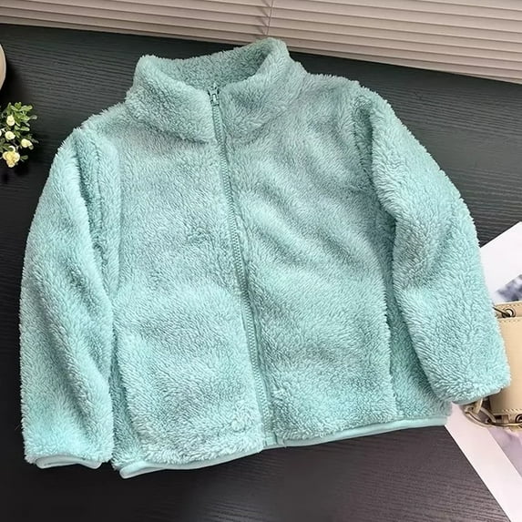 Lilgiuy Little Girls Fleece Jacket Casual Solid Color Stand Collar Long Sleeve Hoodless Full-Zip Winter Warm Coat for Vacation Holiday Trave(3-9Y)