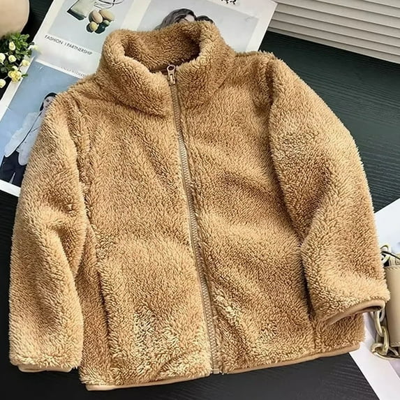 Lilgiuy Little Girls Fleece Jacket Casual Solid Color Stand Collar Long Sleeve Hoodless Full-Zip Winter Warm Coat for Vacation Holiday Trave(3-9Y)