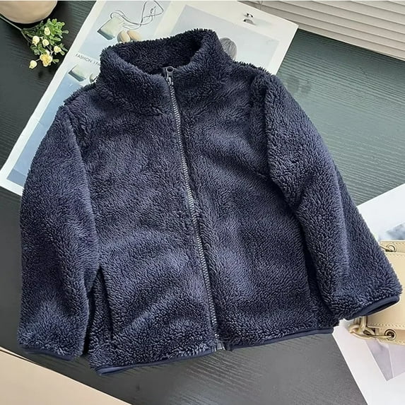 Lilgiuy Little Girls Fleece Jacket Casual Solid Color Stand Collar Long Sleeve Hoodless Full-Zip Winter Warm Coat for Vacation Holiday Trave(3-9Y)