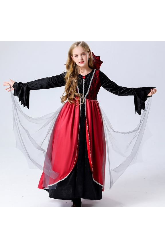 Little Girls Halloween Queen Costume with Vampire Themed Medieval Style Long Sleeve Maxi Dress for Performance Dance Party Role Play Red (8-9 Years)