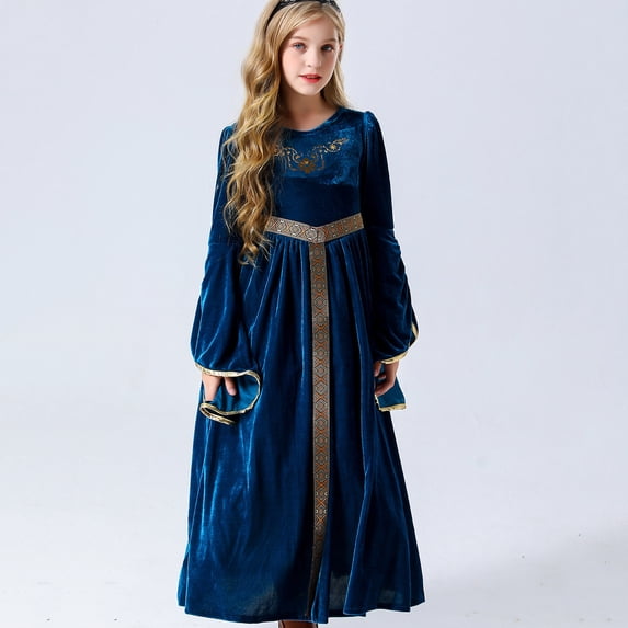 Lilgiuy Little Girls Medieval Costume Vintage Long Sleeve Soft Renaissance Dress Gothic Ball Gown Halloween Party Maxi Dress Blue (6-7 Years)