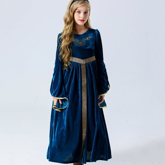 Lilgiuy Little Girls Medieval Costume Vintage Long Sleeve Soft Renaissance Dress Gothic Ball Gown Halloween Party Maxi Dress Blue (8-9 Years)