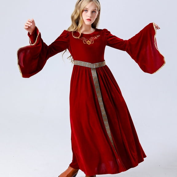 Lilgiuy Little Girls Medieval Costume Vintage Long Sleeve Soft Renaissance Dress Gothic Ball Gown Halloween Party Maxi Dress Red (10-12 Years)