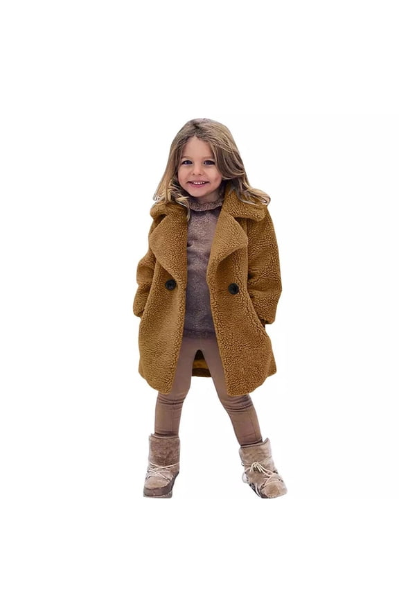 Little Girls Winter Fleece Coat Fashion Solid Color Warm Thick Mid-Length Outerwear Jacket for Christmas Birthday Brown