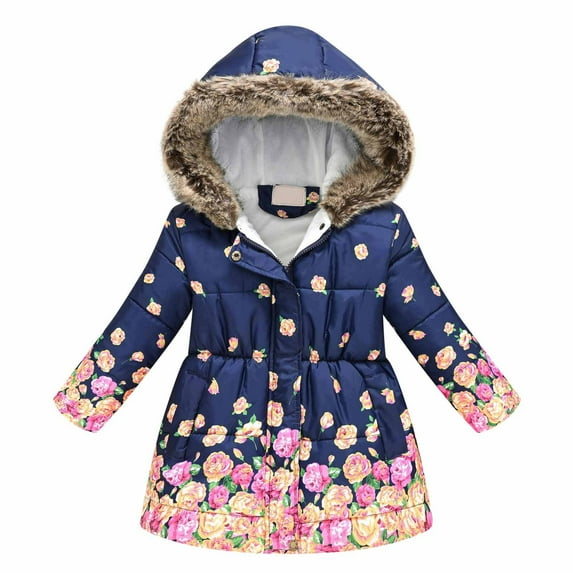 Lilgiuy Little Girls Winter Warm Coat Casual Solid Fleece Hooded Printed Zip Thicken Jacket for Skiing Climbing Running Navy(5-12Years)