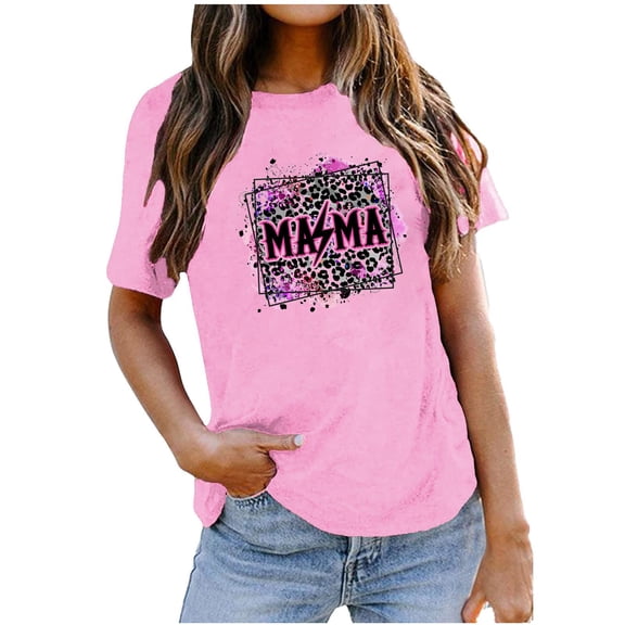 Lilgiuy Mama Shirt Women Tees Mama Lightning Bolt Round Neck Tee Mama Mini Sublimation Print Tops for Sports Clearance