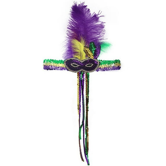 Lilgiuy Mardi Gras Feather Headband for Adult, Mardi Gras Feathers Headband with Mardi Gras Beads Carnival Party Accessory for Mardi Gras Dress Up(One Size)