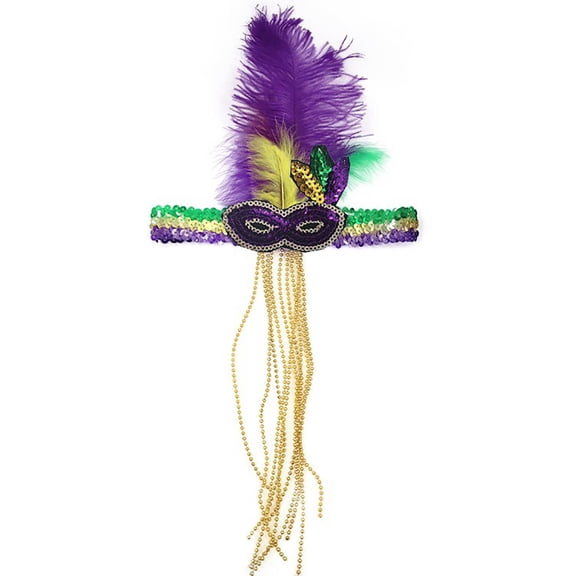 Lilgiuy Mardi Gras Feather Headband for Adult, Mardi Gras Feathers Headband with Mardi Gras Beads Carnival Party Accessory for Mardi Gras Dress Up(One Size)