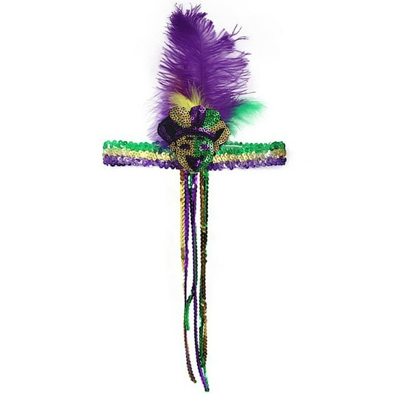 Lilgiuy Mardi Gras Feather Headband for Adult, Mardi Gras Feathers Headband with Mardi Gras Beads Carnival Party Accessory for Mardi Gras Dress Up(One Size)