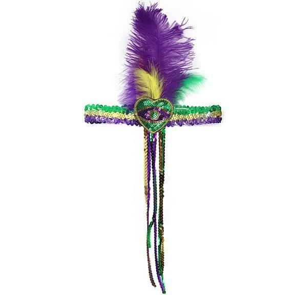 Lilgiuy Mardi Gras Feather Headband for Adult, Mardi Gras Feathers Headband with Mardi Gras Beads Carnival Party Accessory for Mardi Gras Dress Up(One Size)