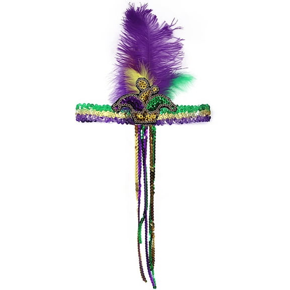 Lilgiuy Mardi Gras Feather Headband for Adult, Mardi Gras Feathers Headband with Mardi Gras Beads Carnival Party Accessory for Mardi Gras Dress Up(One Size)