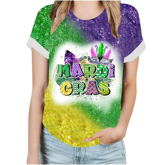 Lilgiuy Mardi Gras Shirt for Women Carnival Outfit Mask Graphic Crew Neck T-Shirt Colorful Short Sleeve Tee Pullover Shirt for Celebrating