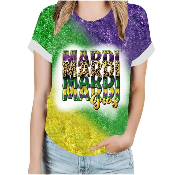 Lilgiuy Mardi Gras Shirt for Women Carnival Outfit Mask Graphic Crew Neck T-Shirt Colorful Short Sleeve Tee Pullover Shirt for Travel Vacation