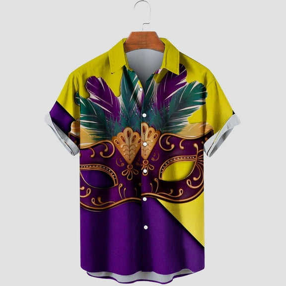 Lilgiuy Mardi Gras Shirts for Men Summer Short Sleeve Novelty Mask Printed Bowling Casual Button Down Lapel Collar Beach Hawaiian Vacation Shirt(Yellow,2XL)