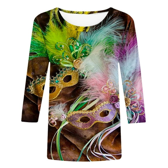 Lilgiuy Mardi Gras Tee Shirts Women Trendy Mask Graphic T Shirt Carnival 3/4 Sleeve Shirts Round Neck Pullover Tee Tops Outwear