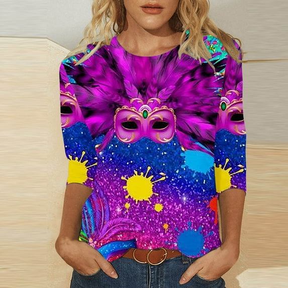 Lilgiuy Mardi Gras Tee Shirts Women Trendy Mask Graphic T Shirt Carnival 3/4 Sleeve Shirts Round Neck Pullover Tee Tops for Tuesday Party