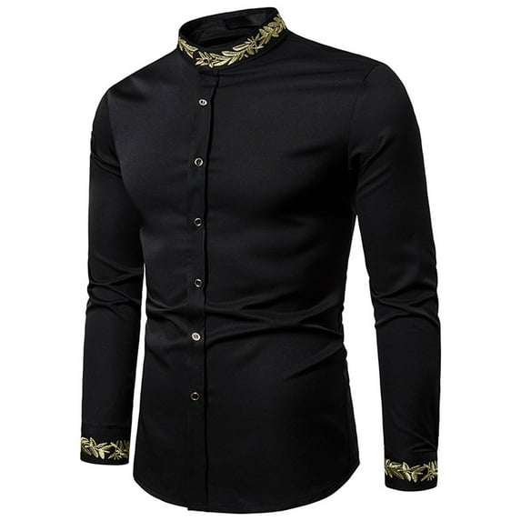 Lilgiuy Men Casual Buttons Stand-up Collar Embroidered Long Sleeve Blouse Shirt Athletic Relax Tee