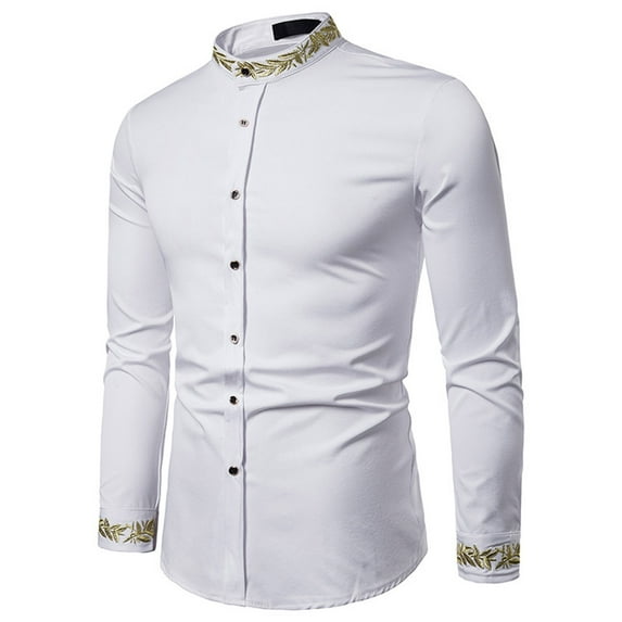 Lilgiuy Men Casual Buttons Stand-up Collar Embroidered Long Sleeve Blouse Shirt Creative Gift for Dad Father Husband