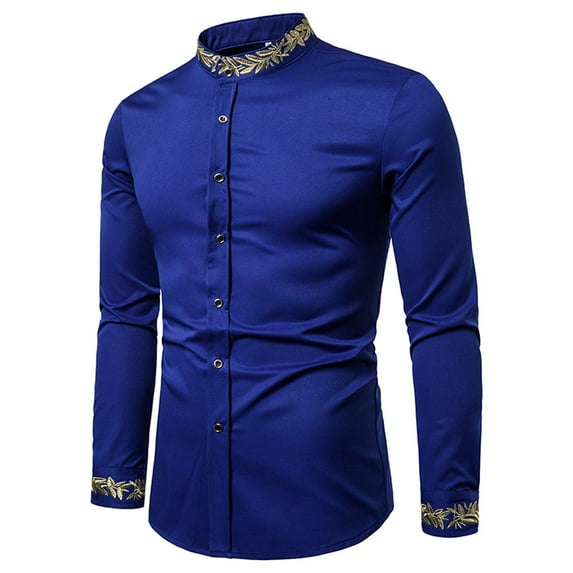 Lilgiuy Men Casual Buttons Stand-up Collar Embroidered Long Sleeve Blouse Shirt Outwear