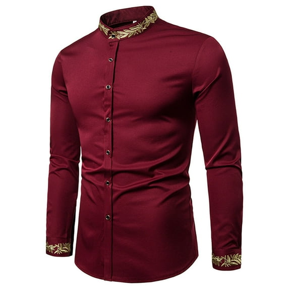 Lilgiuy Men Casual Buttons Stand-up Collar Embroidered Long Sleeve Blouse Shirt Streetwear