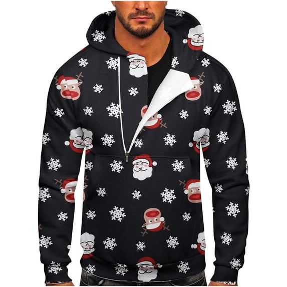 Lilgiuy Men Casual Christmas Print Sports Fitness Pullover Hooded Half-Zip Sweatshirt 2022 Fall Winter