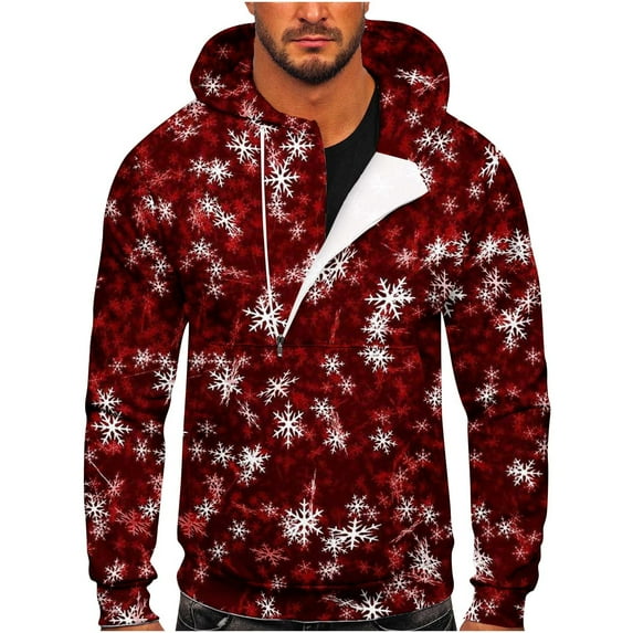 Lilgiuy Men Casual Christmas Print Sports Fitness Pullover Hooded Half-Zip Sweatshirt Winter Clothes for 2022