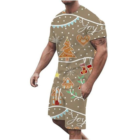 Lilgiuy Men Casual Christmas Round Neck T-Shirt 3D Print Short Sleeve Blouse And Pants Set 2022 Fall Winter