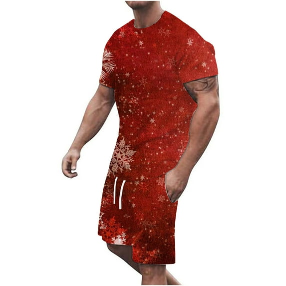 Lilgiuy Men Casual Christmas Round Neck T-Shirt 3D Print Short Sleeve Blouse And Pants Set 2022 Fall Winter