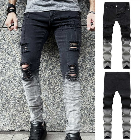Lilgiuy Men Casual Fashion Gradient Button Zipper Custom Fit Irregular Ripped Jeans Relaxed Fit Straight Legs Comforty Waist Pants