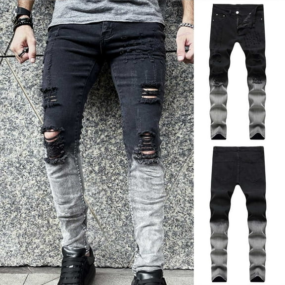 Lilgiuy Men Casual Fashion Gradient Button Zipper Custom Fit Irregular Ripped Jeans for Athletic Workout