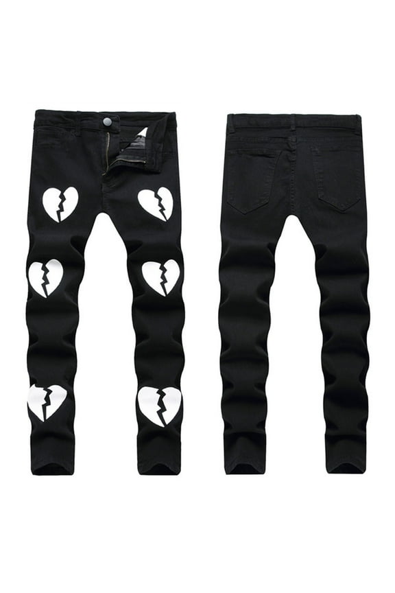 Men Casual Fashion Print Button Zipper Custom Fit Irregular Ripped Jeans for Hawaiian Beach Vacation