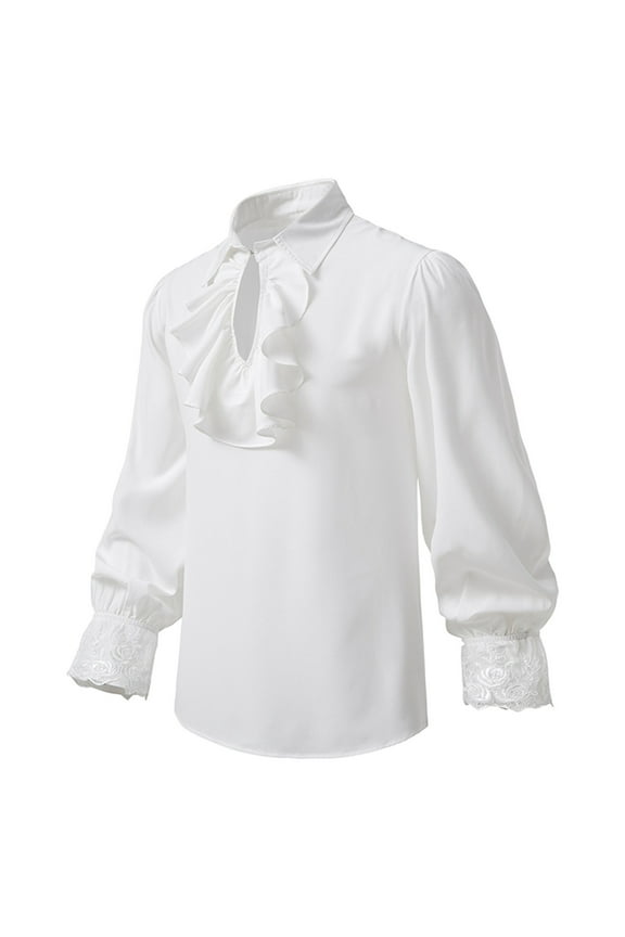 Men Casual Fashion Pullover Long Sleeve Stand Collar Ruffled Renaissance Shirt Steampunk Trumpet Sleeve Top Workwear