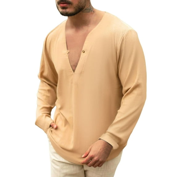 Lilgiuy Men Casual Fashion Solid V-neck Long Sleeve Pullover Breathable Shirt Blouse Tops Workwear