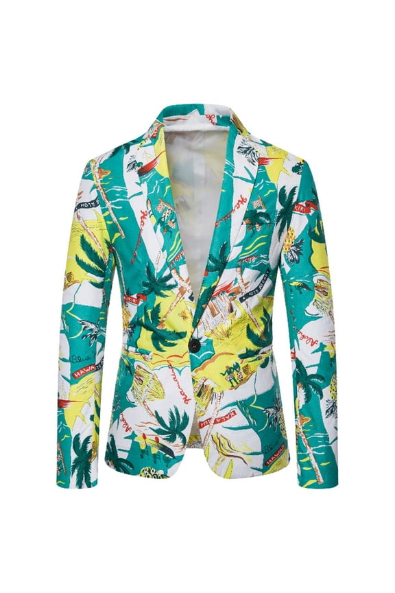 Men Casual Hawaiian Holiday Sstyle Beautiful Flower Series Features Broken Flower Single Button Suit Green() Fall Fashion 2022 Spring Winter