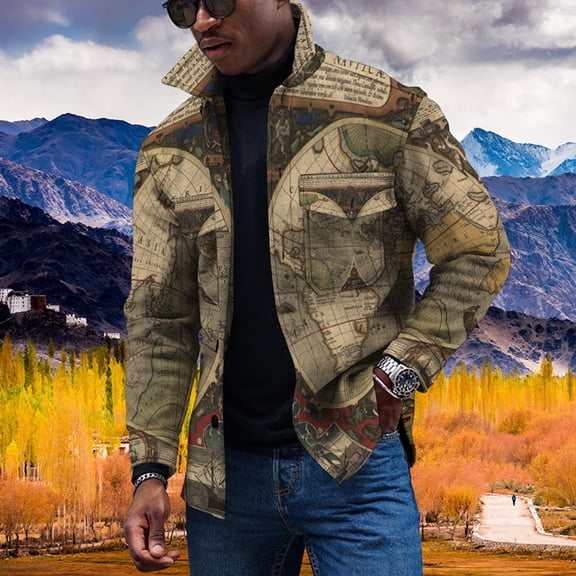 Lilgiuy Men Casual Printing Turndown Long Sleeved Button Pocket Outwear Jacket for Tennis Basketball