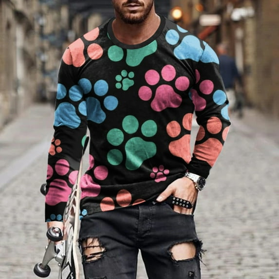 Lilgiuy Men Casual Round Neck Long Sleeve Pullover Paw 3D Printed T-Shirt Blouse Athletic Relax Tee