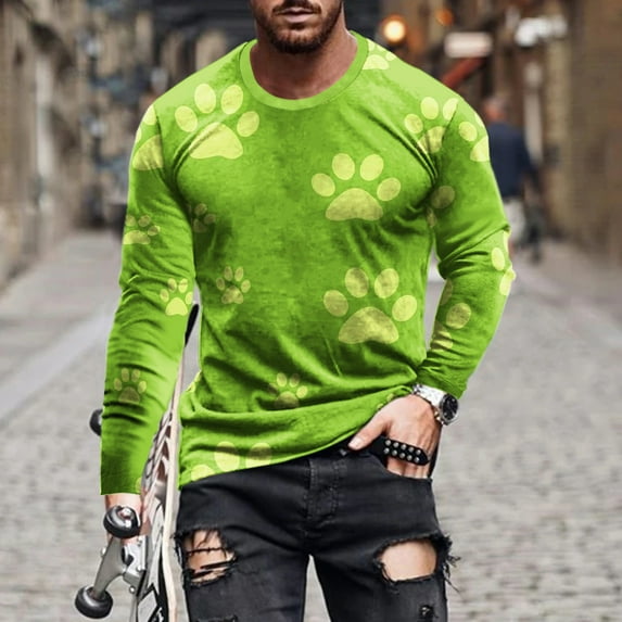 Lilgiuy Men Casual Round Neck Long Sleeve Pullover Paw 3D Printed T-Shirt Blouse Regular Fit