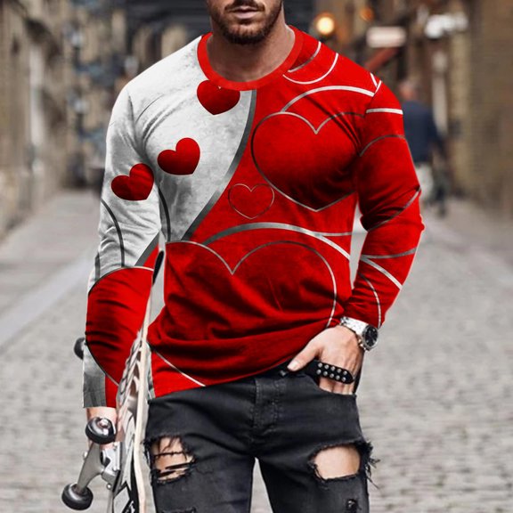 Lilgiuy Men Casual Round Neck Long Sleeve Pullover Valentine's Day 3D Printed T-Shirt Blouse Athletic Relax Tee