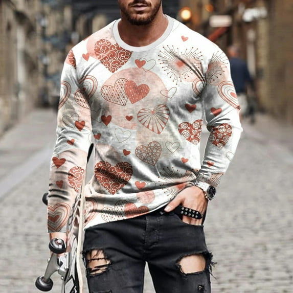 Lilgiuy Men Casual Round Neck Long Sleeve Pullover Valentine's Day 3D Printed T-Shirt Blouse Creative Gift for Dad Father Husband