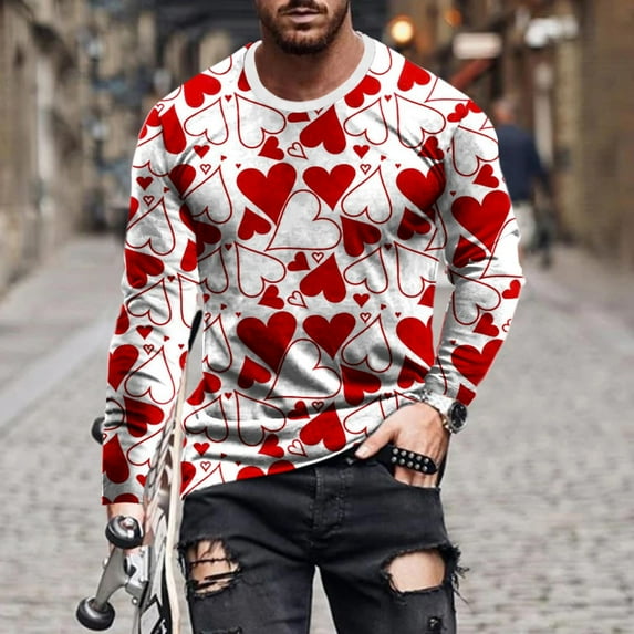 Lilgiuy Men Casual Round Neck Long Sleeve Pullover Valentine's Day 3D Printed T-Shirt Blouse Ideal for Gym Workout Jogging Beach