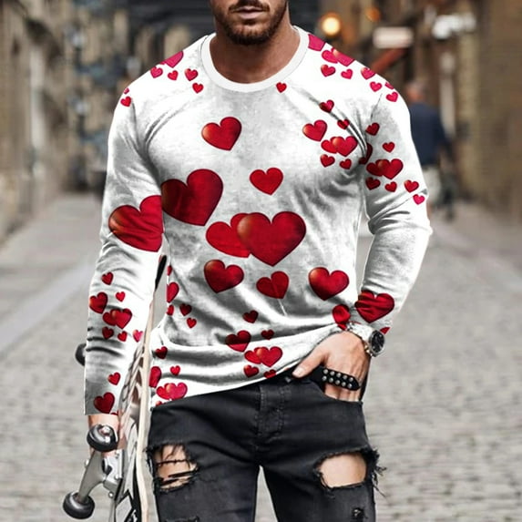Lilgiuy Men Casual Round Neck Long Sleeve Pullover Valentine's Day 3D Printed T-Shirt Blouse Regular Fit