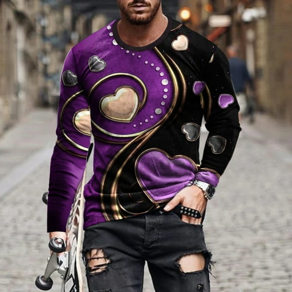 Lilgiuy Men Casual Round Neck Long Sleeve Pullover Valentine's Day 3D Printed T-Shirt Blouse Streetwear