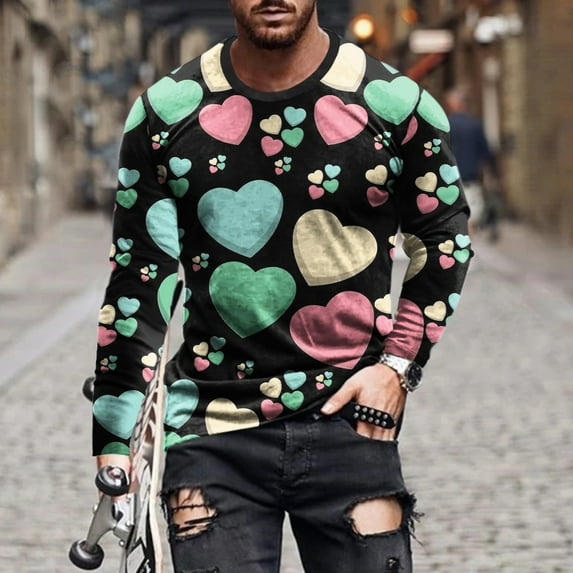 Lilgiuy Men Casual Round Neck Long Sleeve Pullover Valentine's Day 3D Printed T-Shirt Blouse Workwear