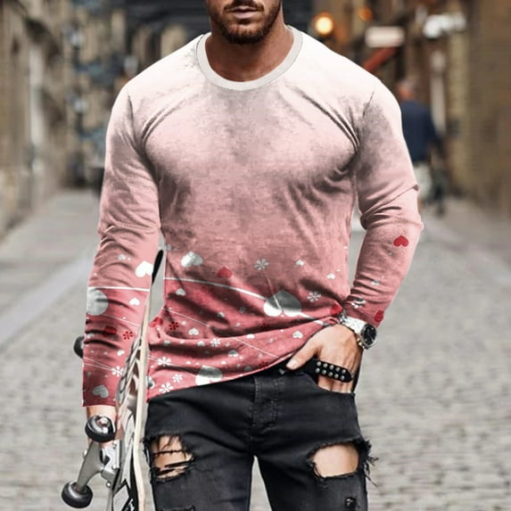 Lilgiuy Men Casual Round Neck Long Sleeve Pullover Valentine's Day 3D Printed T-Shirt Blouse Workwear