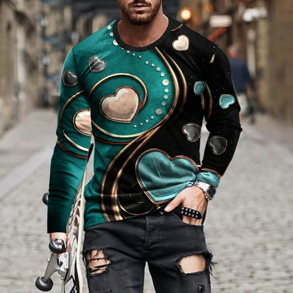 Lilgiuy Men Casual Round Neck Long Sleeve Pullover Valentine's Day 3D Printed T-Shirt Blouse for Party Birthday Club