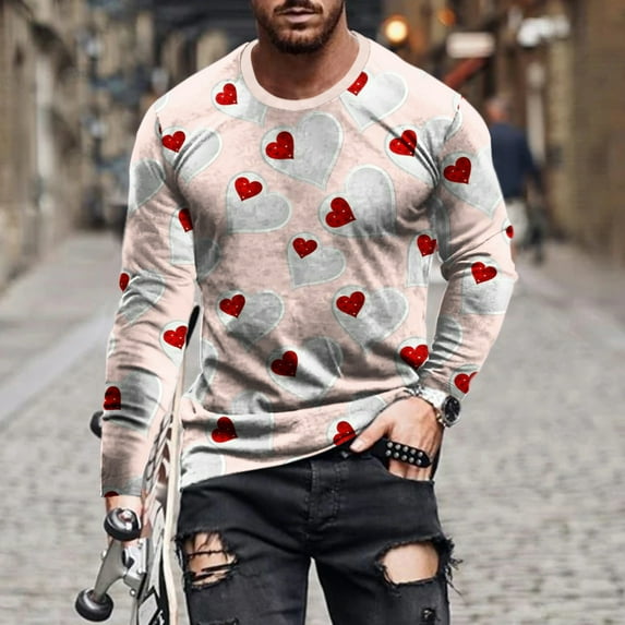 Lilgiuy Men Casual Round Neck Long Sleeve Pullover Valentine's Day 3D Printed T-Shirt Blouse for Vacation Festival Holiday