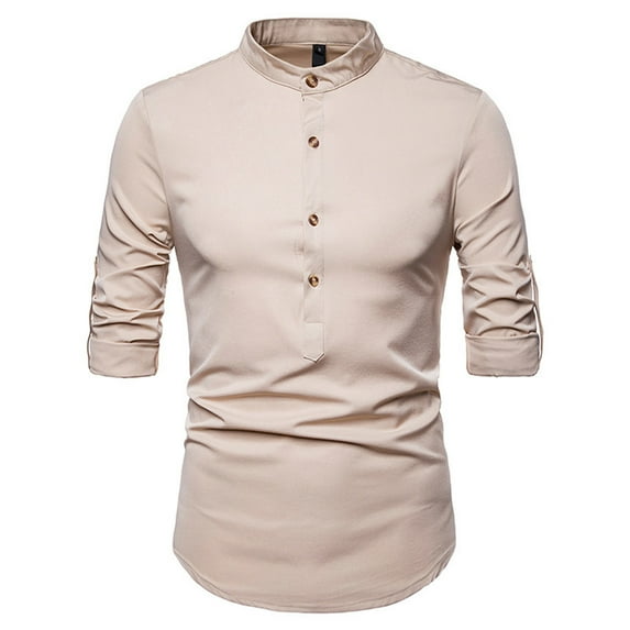 Lilgiuy Men Casual Solid Fashion Stand-up Collar Variable Sleeve Pullover Length Long Sleeve Shirt Blouse Regular Fit
