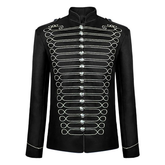 Lilgiuy Men Casual Solid Halloween Long Sleeve Retro Short Gold Embroidered Court Tuxedo Costume Jacket Black()