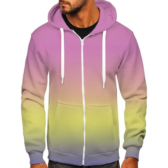 Lilgiuy Men Casual Sports Fitness Sweatshirt Hooded Zipper Gradient Print Jacket Yellow Winter Fashion 2022